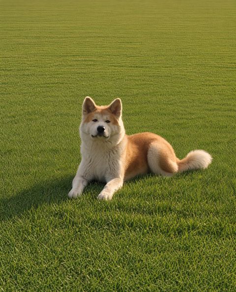 Yoshi, Won's Akita, in a grass field