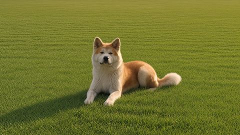 Yoshi, Won's Akita, in a grass field
